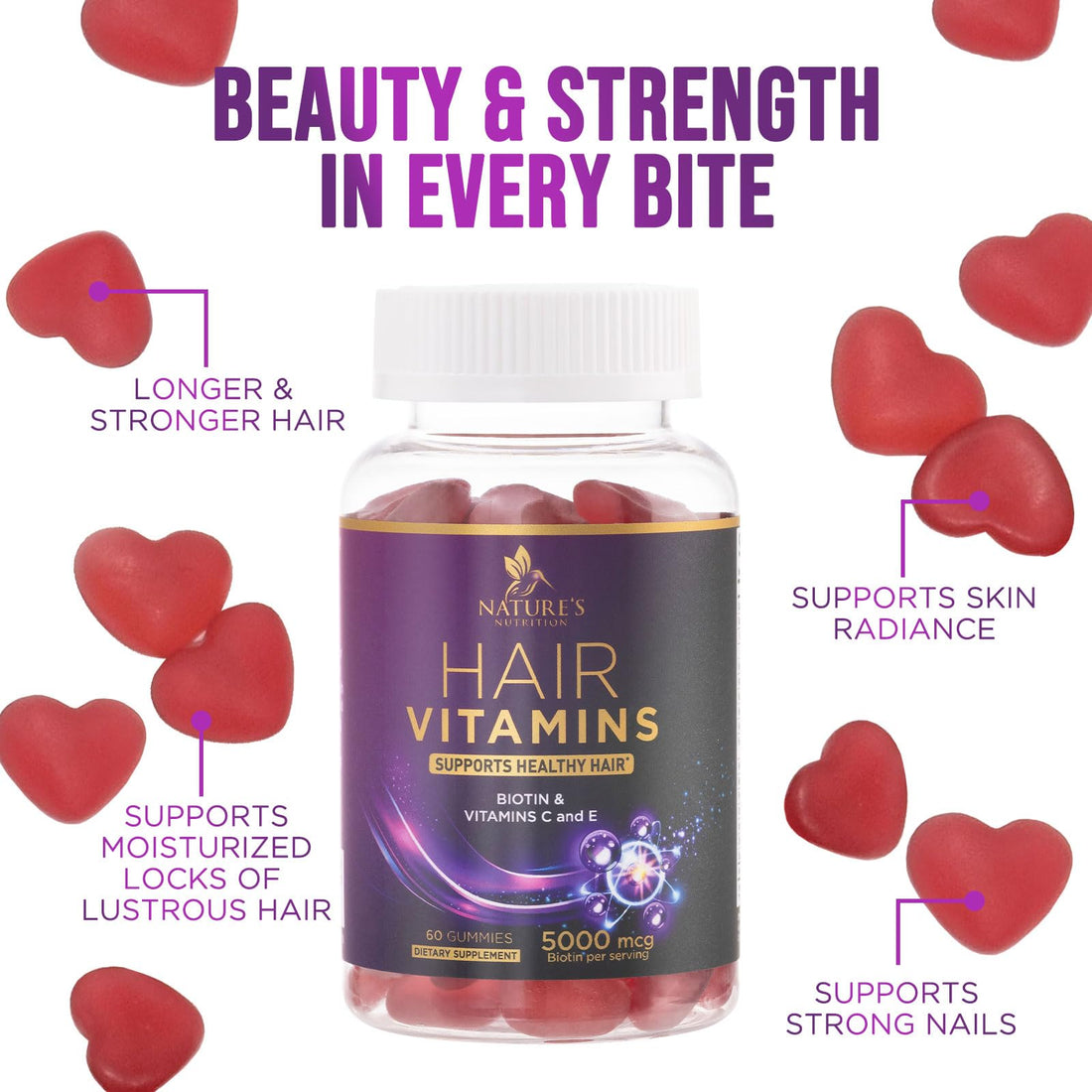 Hair Growth Supplement Gummy for Stronger, Radiant Hair, Skin & Nails - Hair Vitamins with Biotin 5000 mcg and Vitamin E & C, Nature's Extra Strength Hair Vitamins for Women & Men - 60 Gummies