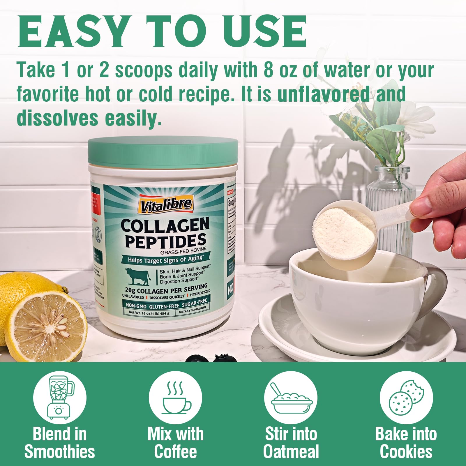 Bovine Collagen Peptides Powder for Women and Men, Grass-Fed Hydrolyzed Collagen Protein Type I & III, Skin, Hair, Nails, Bones, Joints & Digestion, Unflavored, Non-GMO, Keto & GF, 22 Servings, 16oz