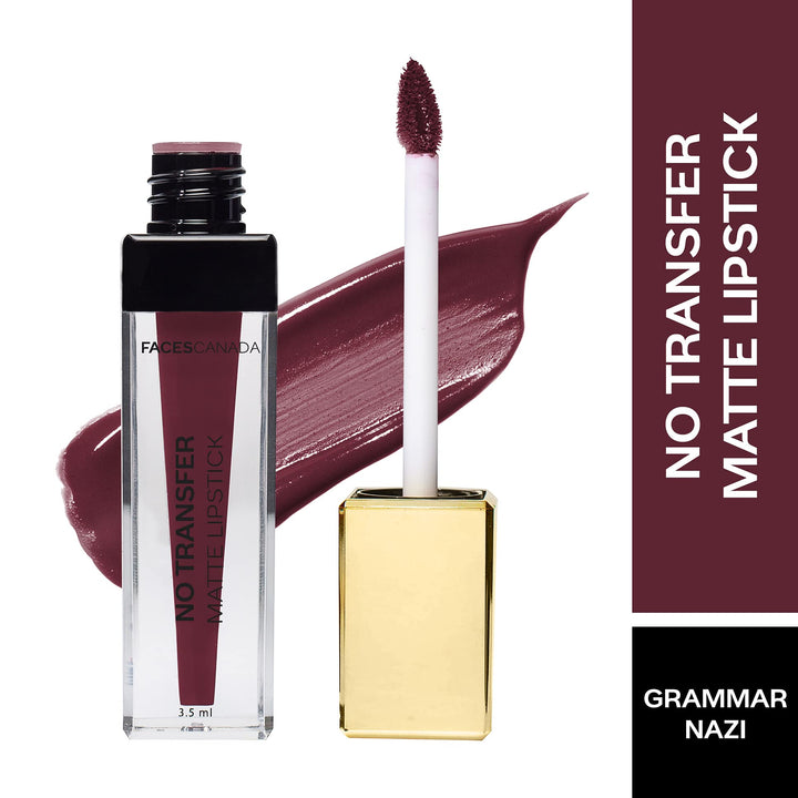 Faces Canada No Transfer Matte Liquid Lip Color, Mask Proof, Transfer Proof, Lasts all day, Enriched with Chamomile Oil, Highly pigmented, One Stroke Color, Wine Lip Color, Grammar Nazi 3.5 ml