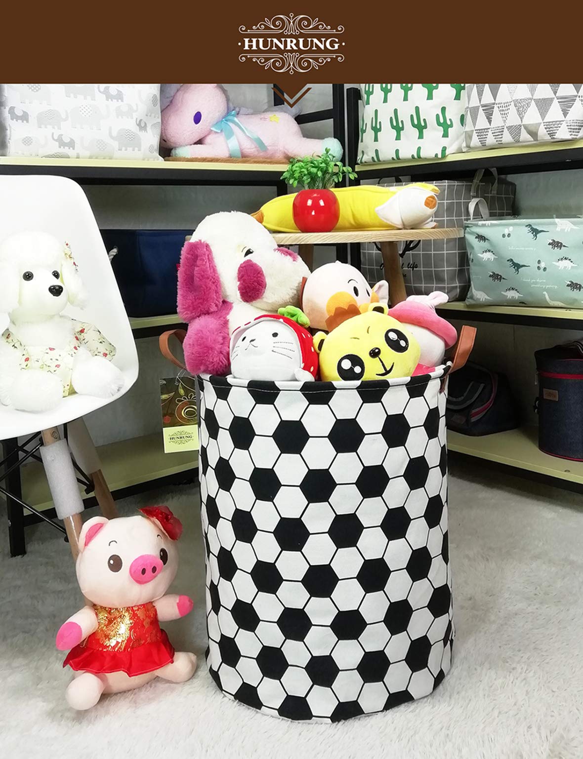 HUNRUNG Laundry Hamper,Large Canvas Fabric Lightweight Storage Basket Toy Organizer Dirty Clothes Collapsible Waterproof for College Dorms, Children Bedroom,Bathroom(Roud-Football)