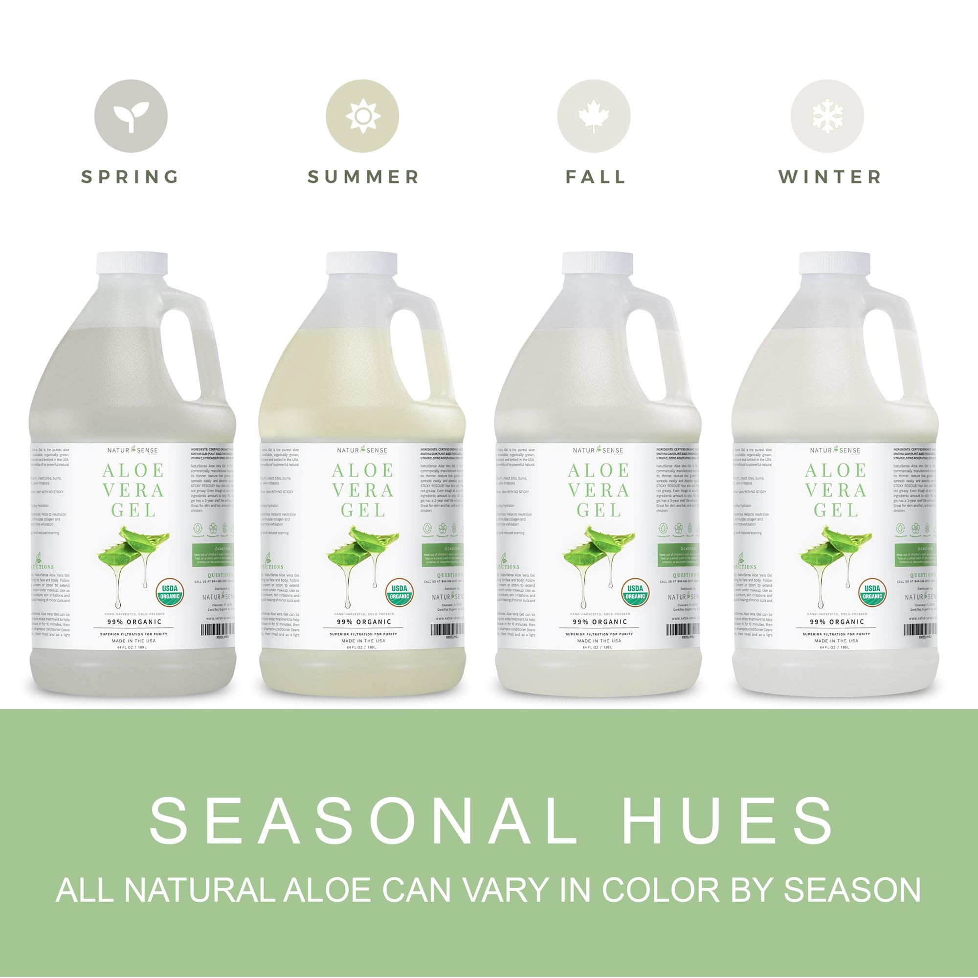 NTRSNS NaturSense Organic Aloe Vera Gel from 100% Pure Aloe. Great for Hair, Scalp, Face, Dry Skin, Acne, Sunburn, Sensitive Skin. Unscented, USDA Certified, 64 oz.