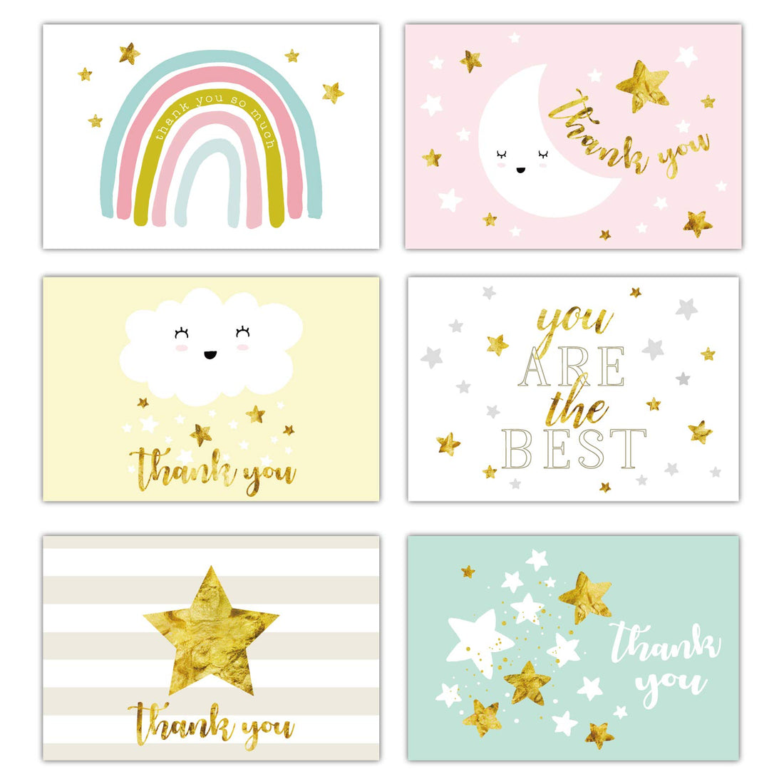 Gooji 4x6 Gold Foil Baby Starry Night Thank You Cards (Bulk 36-Pack) Matching Peel-and-Seal White Envelopes | Assorted Set, Watercolor Graphics | Baby Shower, Birthday Party, Blank Notes