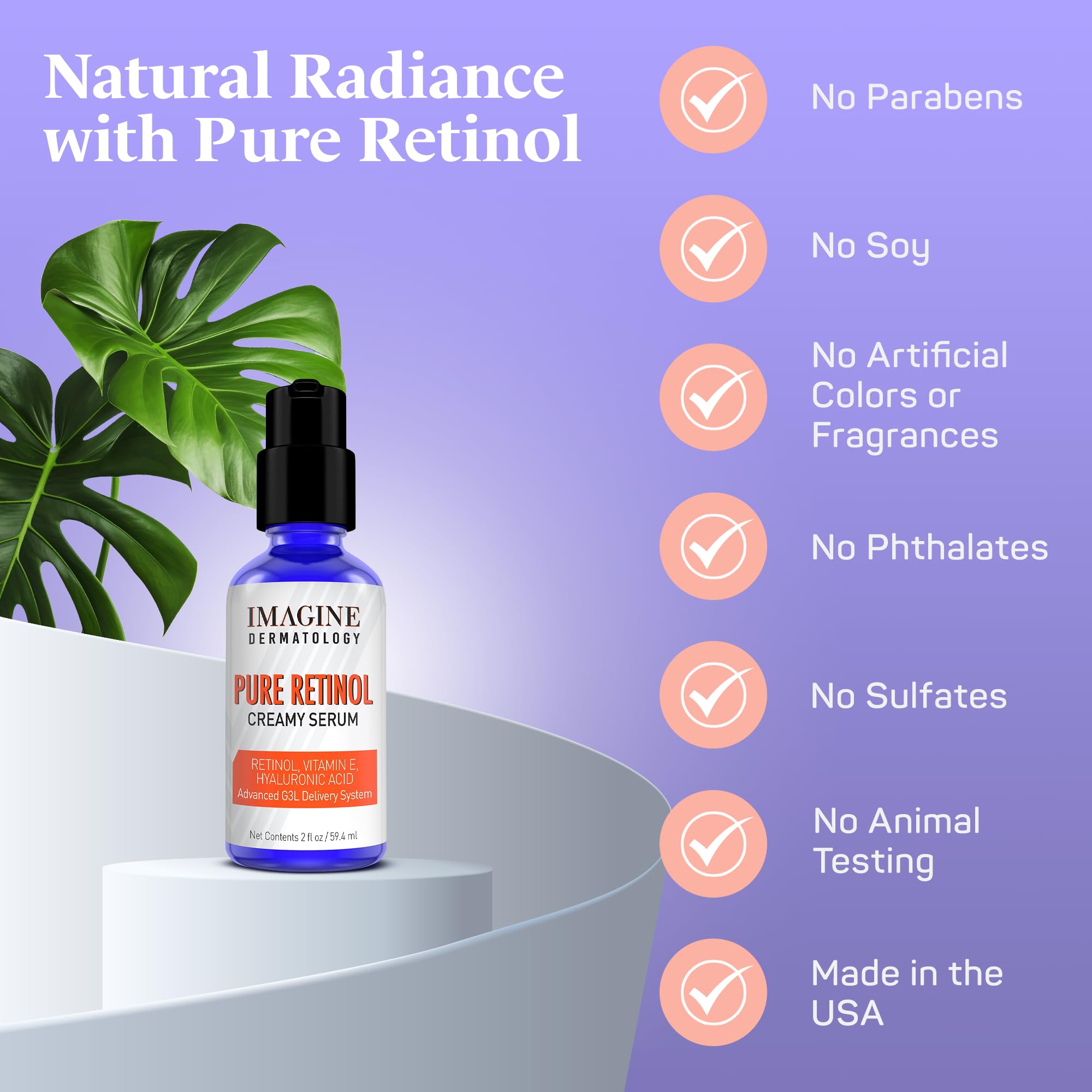 Pure Retinol Creamy Serum LARGE 2oz with Hyaluronic Acid and Vitamin E | Pure Retinol Serum For Face - Unmatched G3L Delivery System - Moisturizer | Serum | Retinol | Made in USA - 2 fl oz/59.4 ml