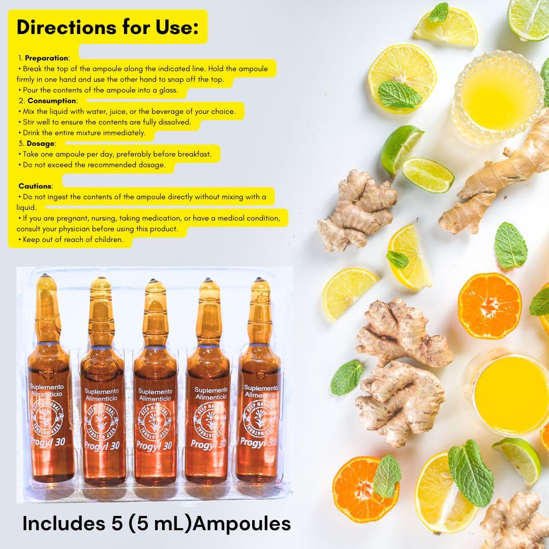 Aderogyl Oral Vitamins with A, C, D, E, Zinc, Bee Honey, Propolis, and Botanical Extracts - Natural Orange Flavor - 5 Ampoules (0.85 fl oz / 25 ml) Immune Support