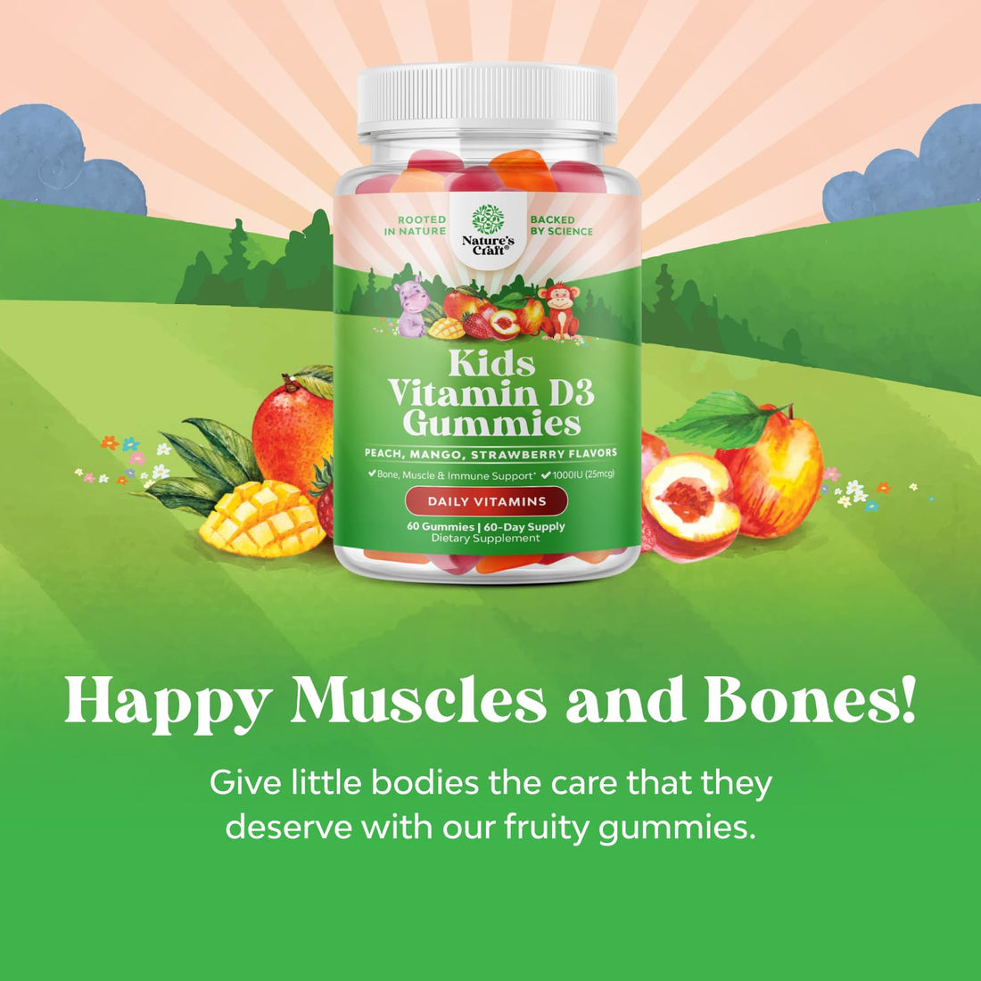 Chewable Vitamin D Gummies for Kids - Delicious Kids Vitamin D 1000 IU Per Serving Gummy Vitamins for and Toddlers Immune Support Plus Muscle Teeth and Bone Health - Gelatin Free Fruit Flavors