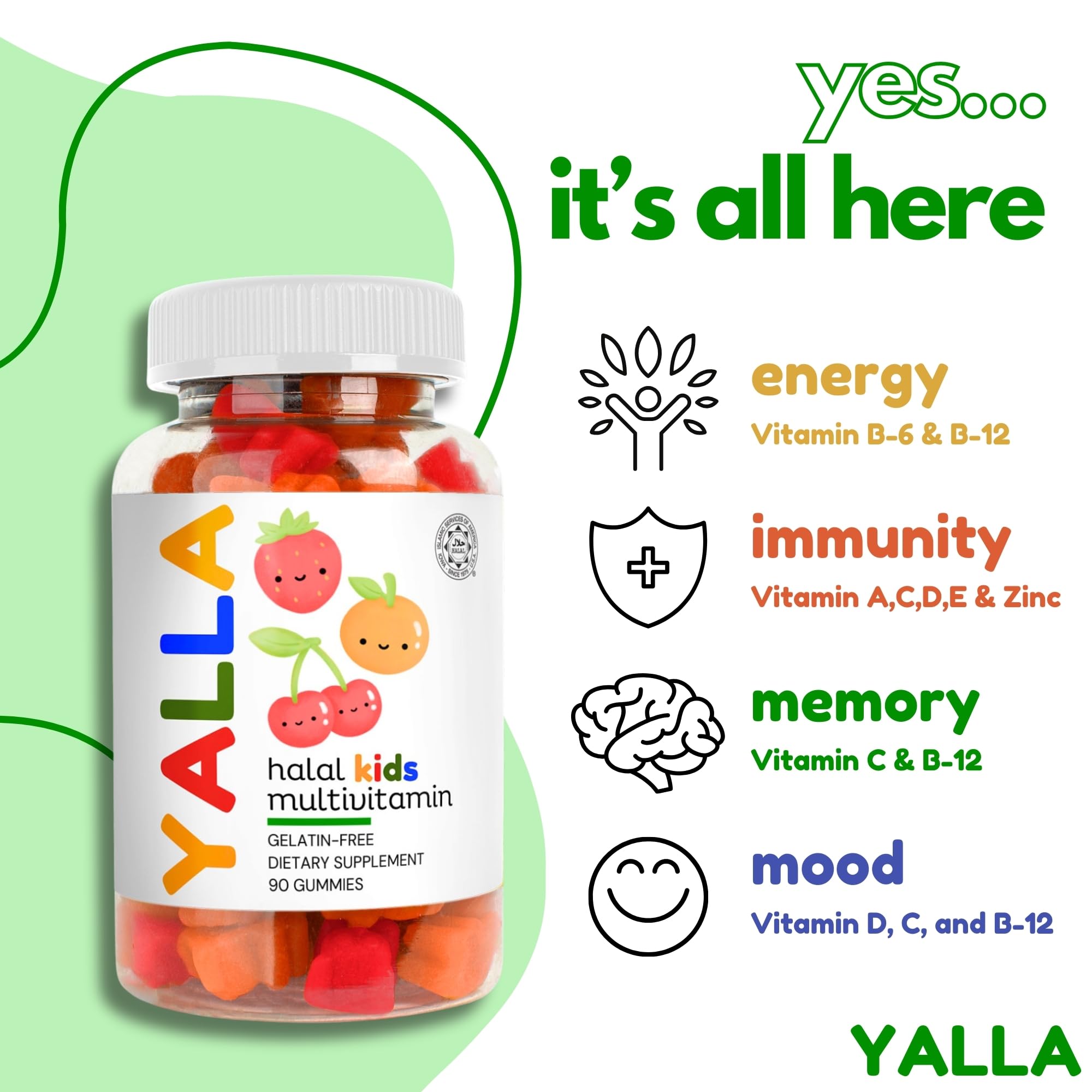 YALLA Halal Vitamins for Kids, Halal Kids Multivitamin Gummies, 45-90 Day Supply, Essential Vitamins with C, D3, Zinc for Immunity, B6 B12 for Energy, ISA Certified, Gelatin Free