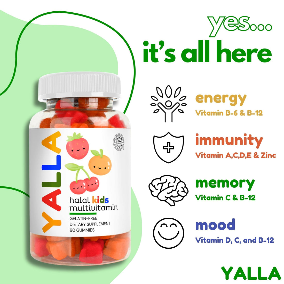 YALLA Halal Vitamins for Kids, Halal Kids Multivitamin Gummies, 45-90 Day Supply, Essential Vitamins with C, D3, Zinc for Immunity, B6 B12 for Energy, ISA Certified, Gelatin Free
