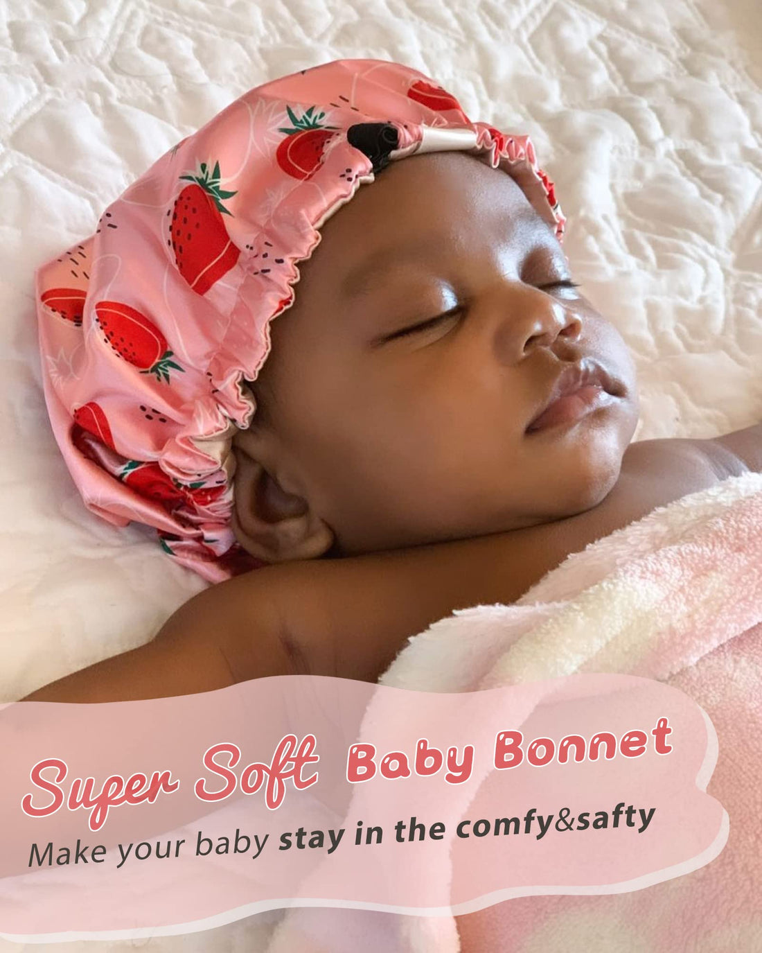 YANIBEST Baby Satin Bonnet Sleep Cap - Double Layer Reversible Adjustable Silky Satin Cap for Infant Toddler(0-6Months,Strawberry)