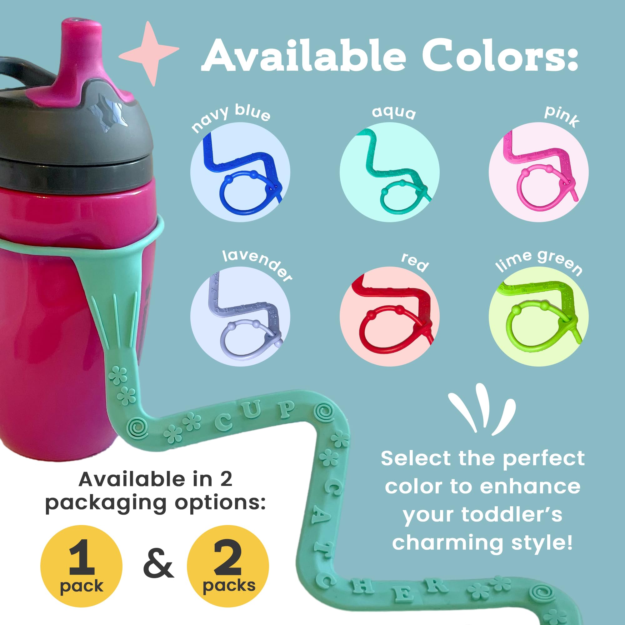 Brilli Baby Cup Catcher | Patented Safety Baby Toy Strap | Secure Sippy Cups, Bottles, Pacifiers & Toys to Stroller, High Chair, Car Seat | Dishwasher-Safe, Food-Grade, Made in USA (Aqua)