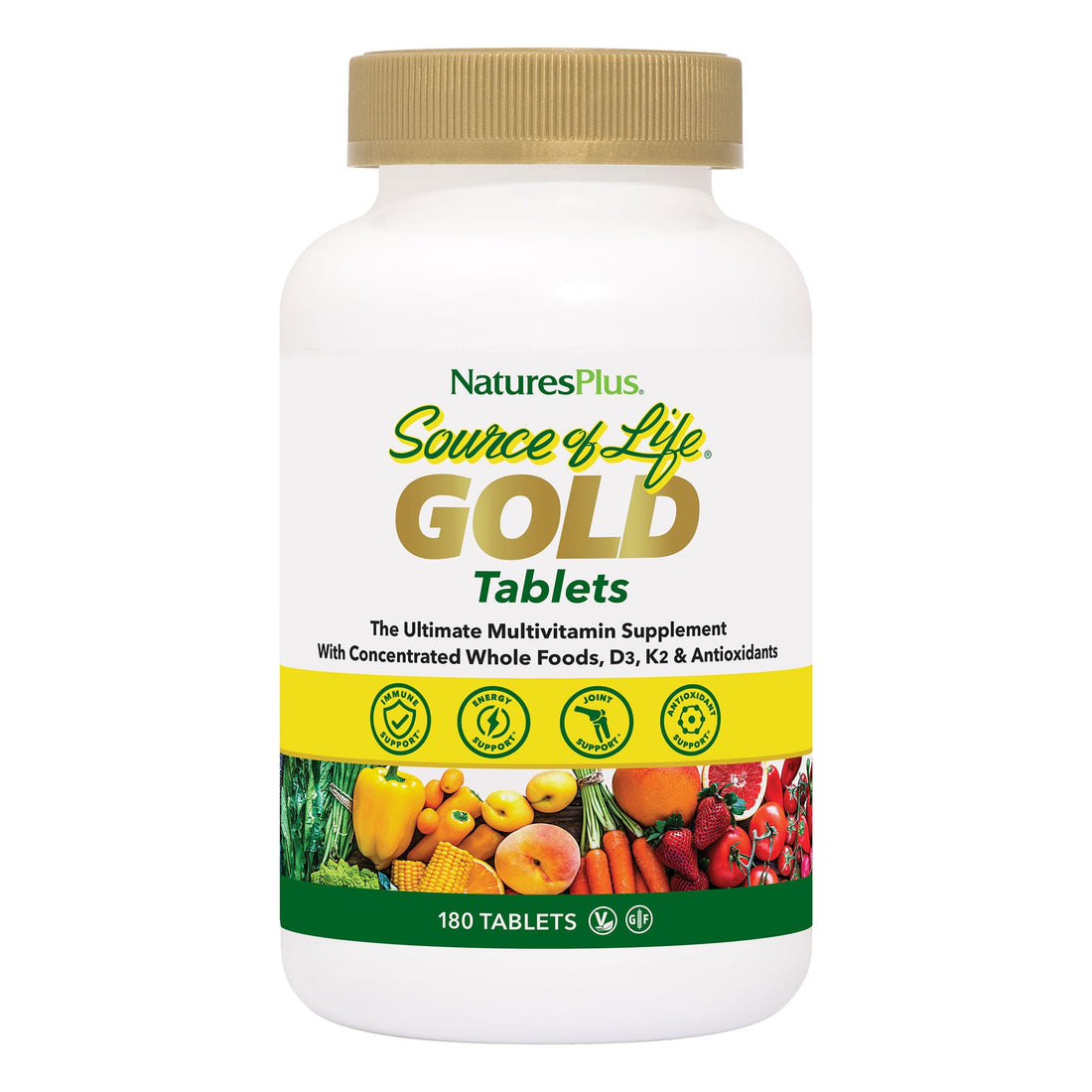 Natures Plus Source of Life Gold Multivitamin - 180 Tablets - with Vitamins D3 & B12 - Blood, Bone & Immune Support - Vegetarian & Gluten Free - 60 Servings