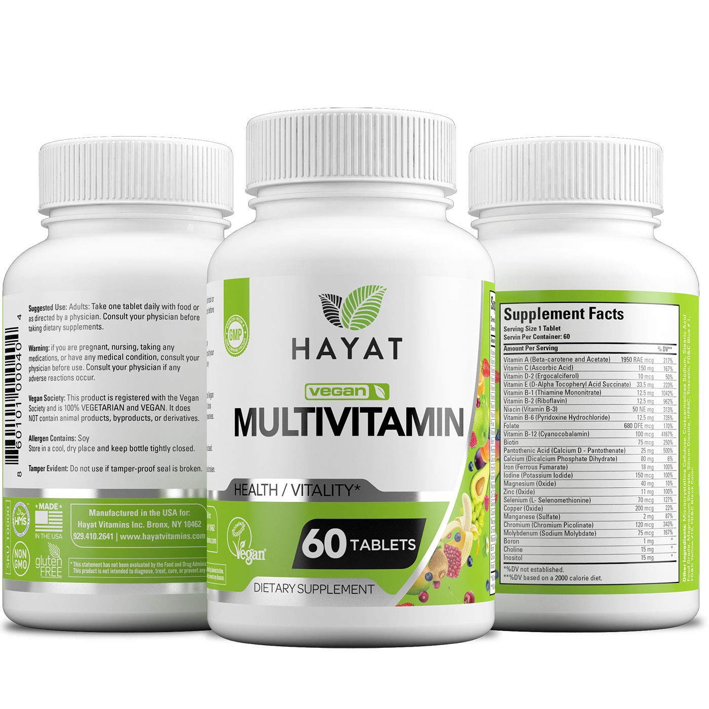 HAYAT Vitamins Vegan Natural Multivitamin, Daily Vitamins with Vitamin A, C, D, E, B1, B2, B3, B6, B12, Biotin, Zinc and More, 2 Month Supply, All Natural, Certified Halal, 60 Tablets, Made in The USA