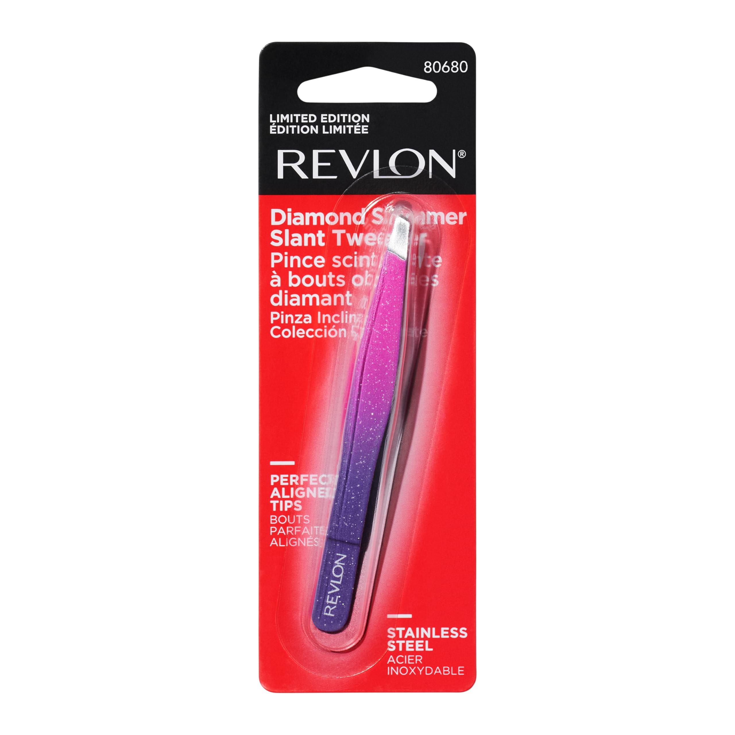 Revlon Diamond Collection Slanted Tip Tweezers, Ultra-Sharp for Precision Eyebrow Shaping and Facial Hair Removal, Made with Stainless Steel, Pink & Purple, 1 Count
