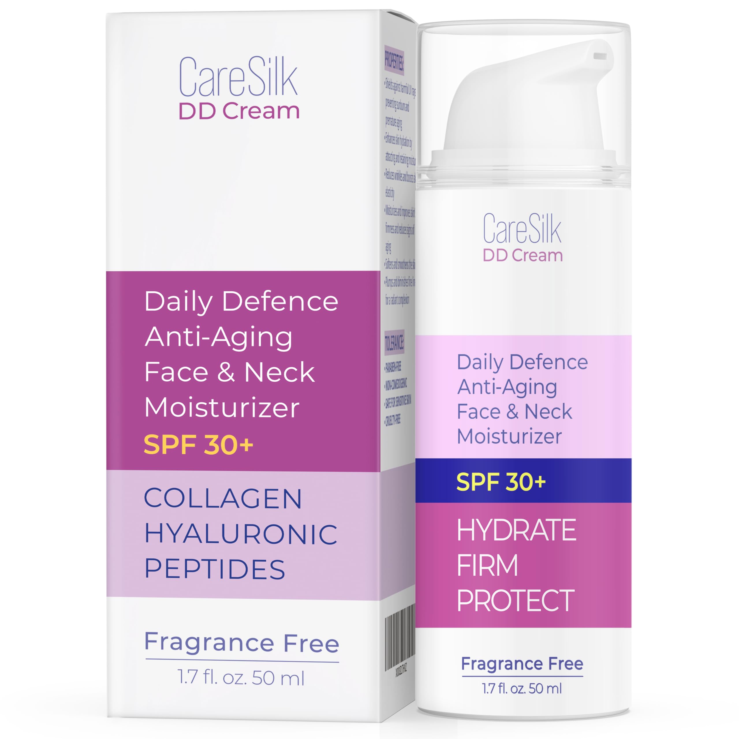 CARESILK DD Cream Face Moisturizer With SPF 30 + Hyaluronic Acid, Collagen, Peptides | Daily Defense & Skin Protection Face Lotion, Skin Block Face Cream | Reef Safe Formula