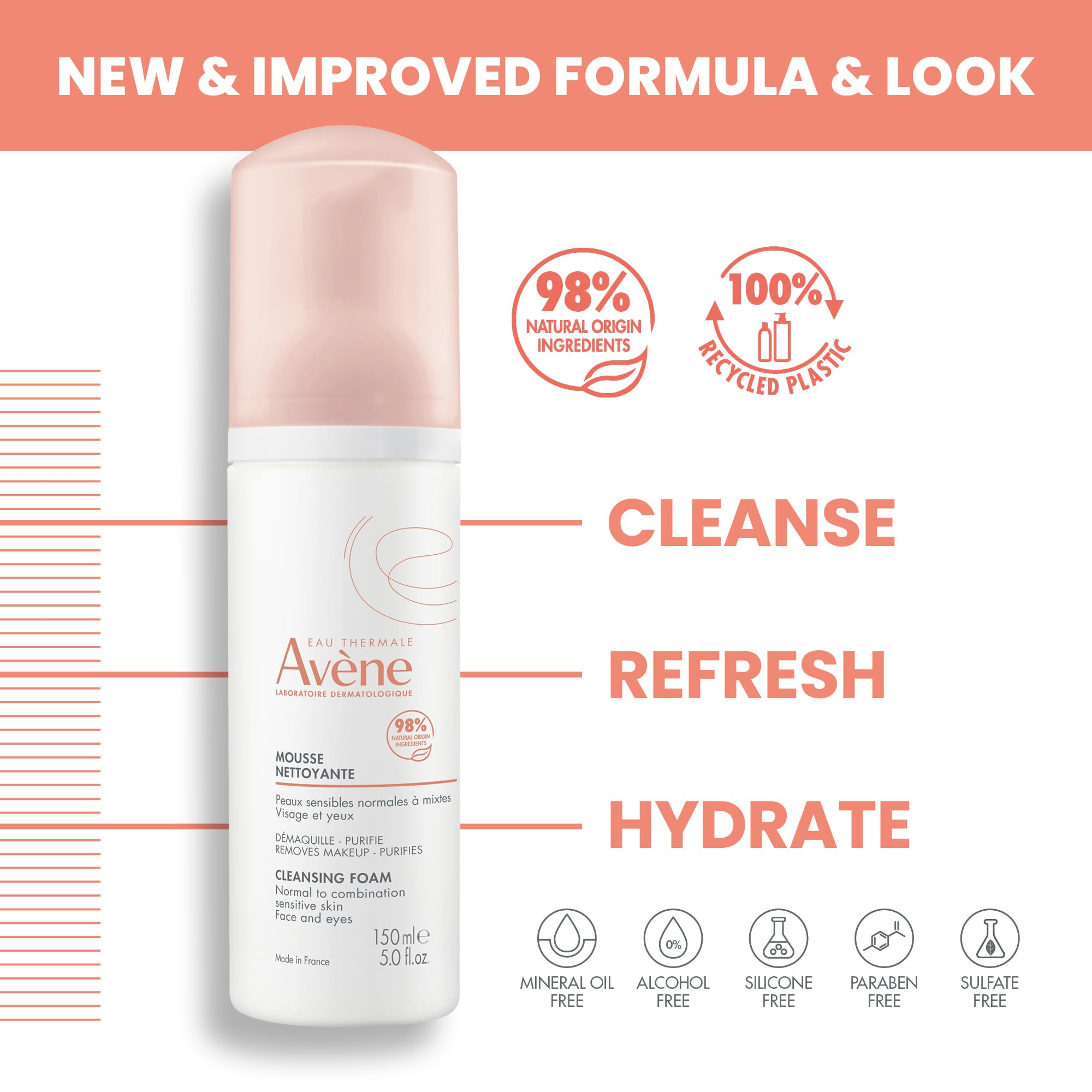 Avène Cleansing Foam - Soap-Free Foaming Face Wash - Normal, Combination, Oily Skin- Sensitive Skin - 5.07 Fl Oz