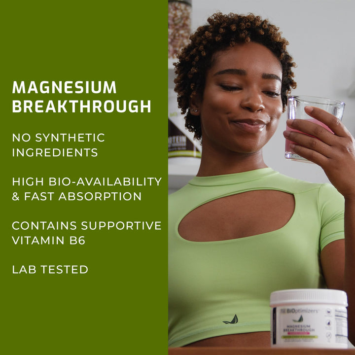 BiOptimizers Magnesium Breakthrough Drink Raspberry Lemonade - 8 Forms of Magnesium: Glycinate, Malate, Citrate, and More - Natural Sleep and Brain Supplement – 6 oz (30 Servings)