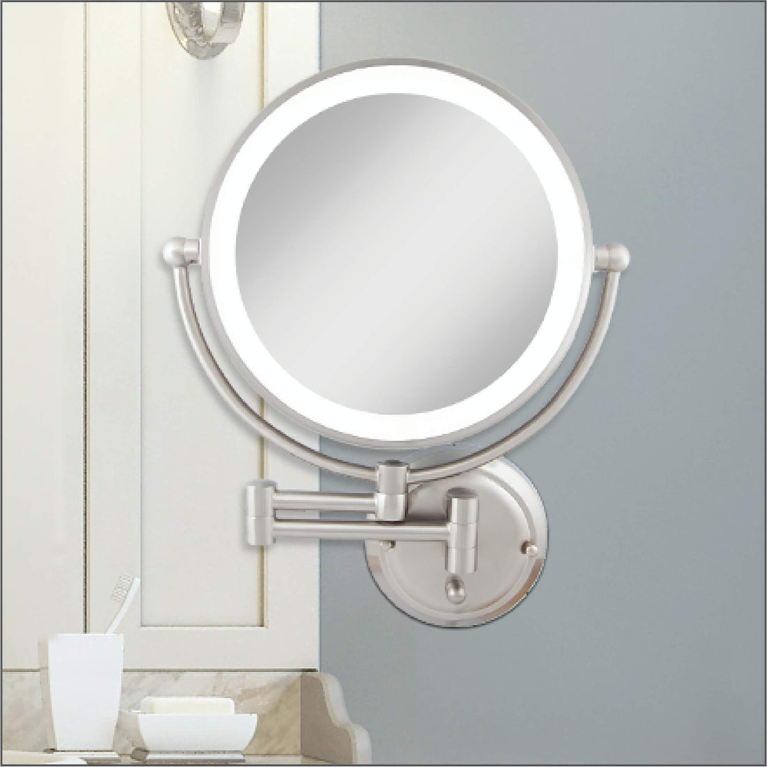 Zadro 5X Flurescent Surround Glamour Mirror Round Double Sided Dual Arm Hard Wire Ready, Satin Nickel, 14 inches