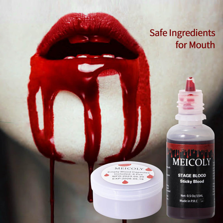 MEICOLY 0.5OZ Edible Fake Blood with 6 Packs Empty Capsules,Washable Stage Blood Sangre Falsa,Realistic Dripping Sticky Fake Blood for Halloween, SFX,Special Effect Makeup for Zombie Vampire