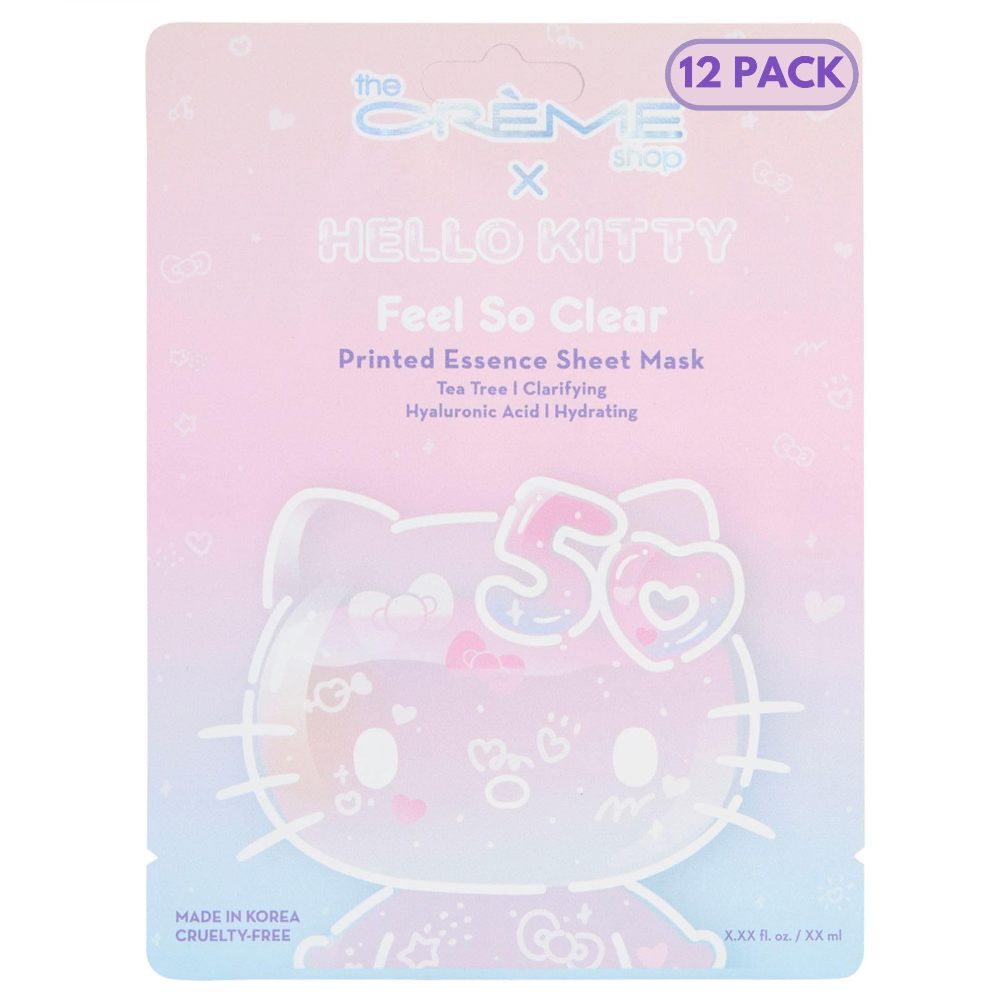 The Crème Shop x Hello Kitty Feel So Clear Printed Essence Sheet Mask, Clarifying and Hydrating Face Mask with Tea Tree and Hyaluronic Acid - 50th Year Anniversary Limited Edition - (Pack of 12)