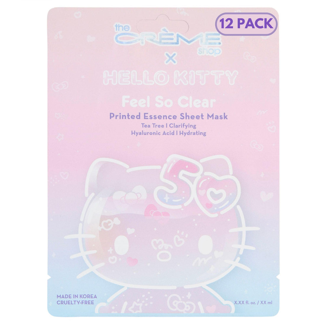 The Crème Shop x Hello Kitty Feel So Clear Printed Essence Sheet Mask, Clarifying and Hydrating Face Mask with Tea Tree and Hyaluronic Acid - 50th Year Anniversary Limited Edition - (Pack of 12)