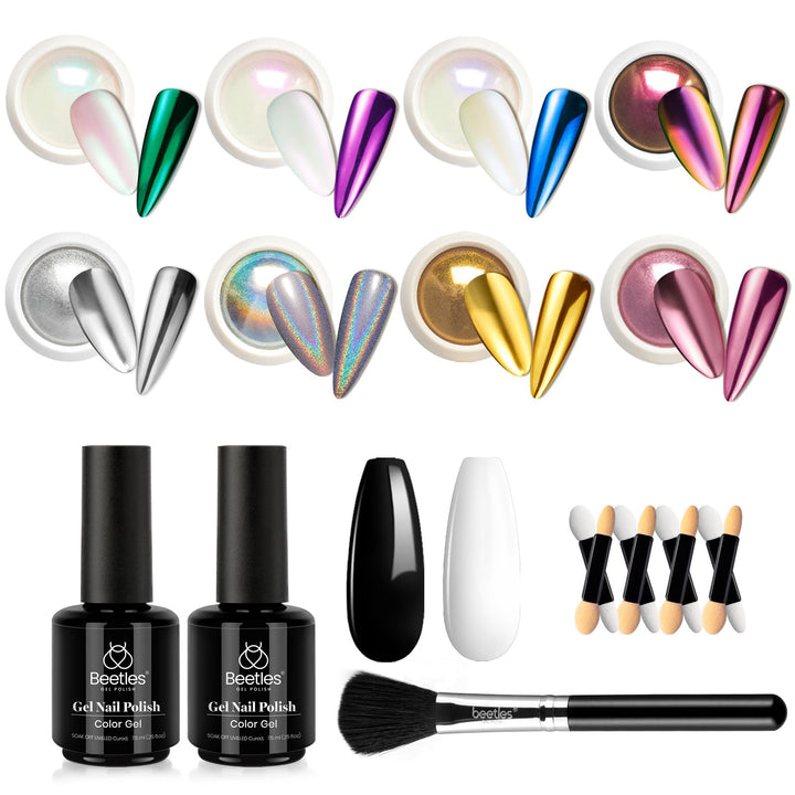 Beetles Metallic Chrome Nail Powder Kit Black White Colors Gel Polish Mirror Effect Holographic Metallic Nail Polish Chrome Manicure Art Decoration Glitter Nail Powder 8 Colors 1g or 0.5g/Jar