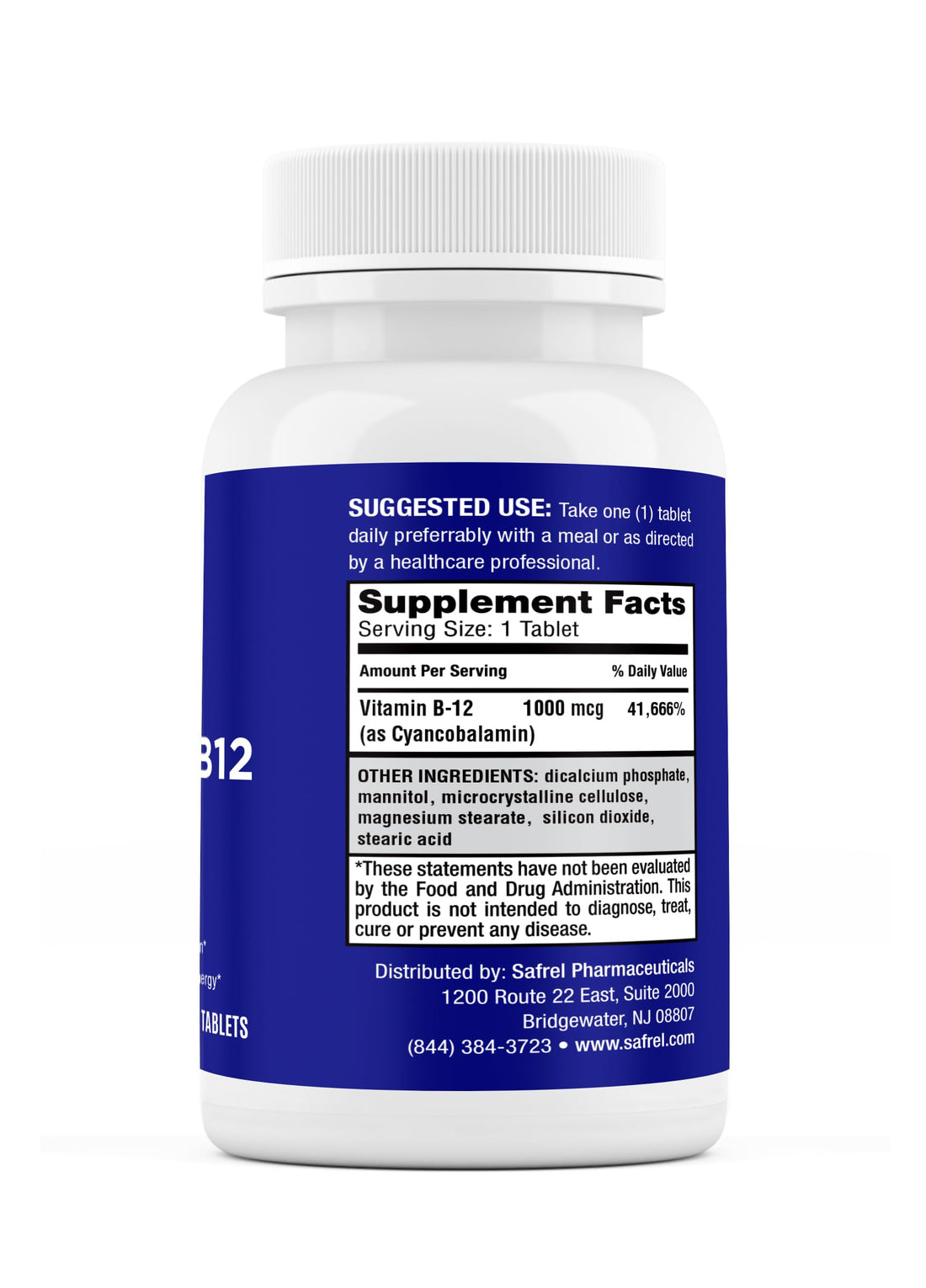 Safrel Vitamin B12 1000 mcg per Tablet, 200 Days Supply, Provides Energy, Metabolism and Nervous System Health Support | Vegan, Gluten Free and Dye Free | Made in USA