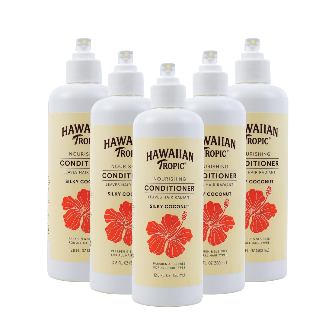 Hawaiian Tropic Nourishing Conditioner 5 Pack, 380ml Bottle, Silky Coconut Scent, Sulfate Free, Paraben Free, Hotel Bathroom Amenities, Bulk Size, Air Bnb, Guest Bathroom Essentials, Airbnb