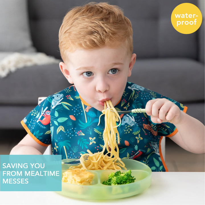Bumkins Short Sleeve Bib for Girl or Boy, Toddler and Kids for 1-3 Years, Large Size, Essential Must Have for Junior Children, Eating, Mess Saving Soft Fabric Apron for Play, Jungle