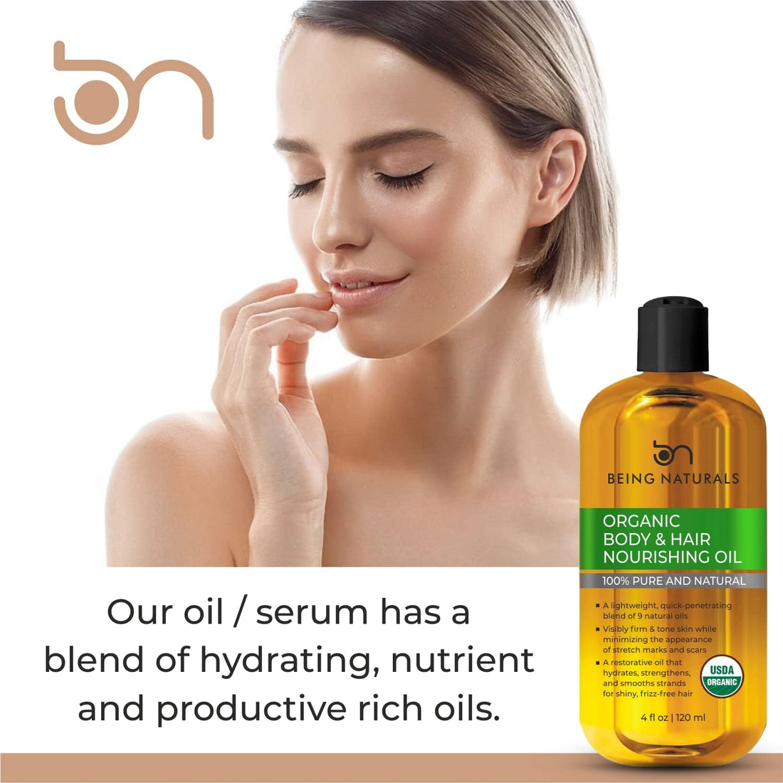Being Naturals Organic Hair & Body Oil- for Stretch Marks, Dark Spots & Acne Scars with 9 Essential Oils & Omega 3 ;Firm & Tone Skin ; Body, Face& Hair Moisturizer - 4 fl oz