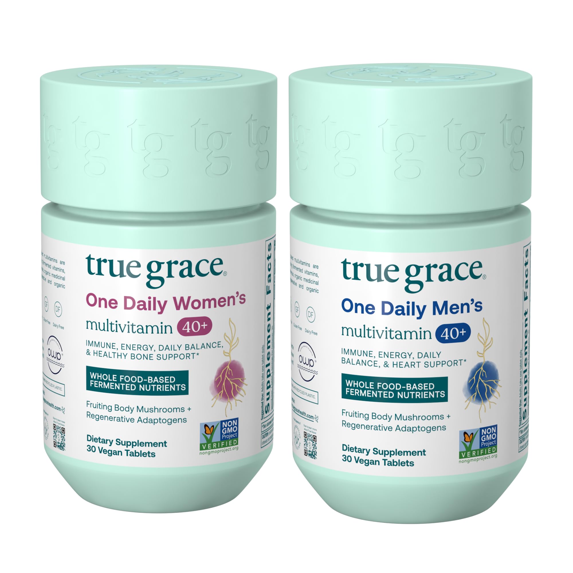 True Grace One Daily Men's Multivitamin 40+ (30 Vegan Tablets) + One Daily Women’s Multivitamin 40+ (30 Vegan Tablets) - Non-GMO - 30-Day Supply of Each