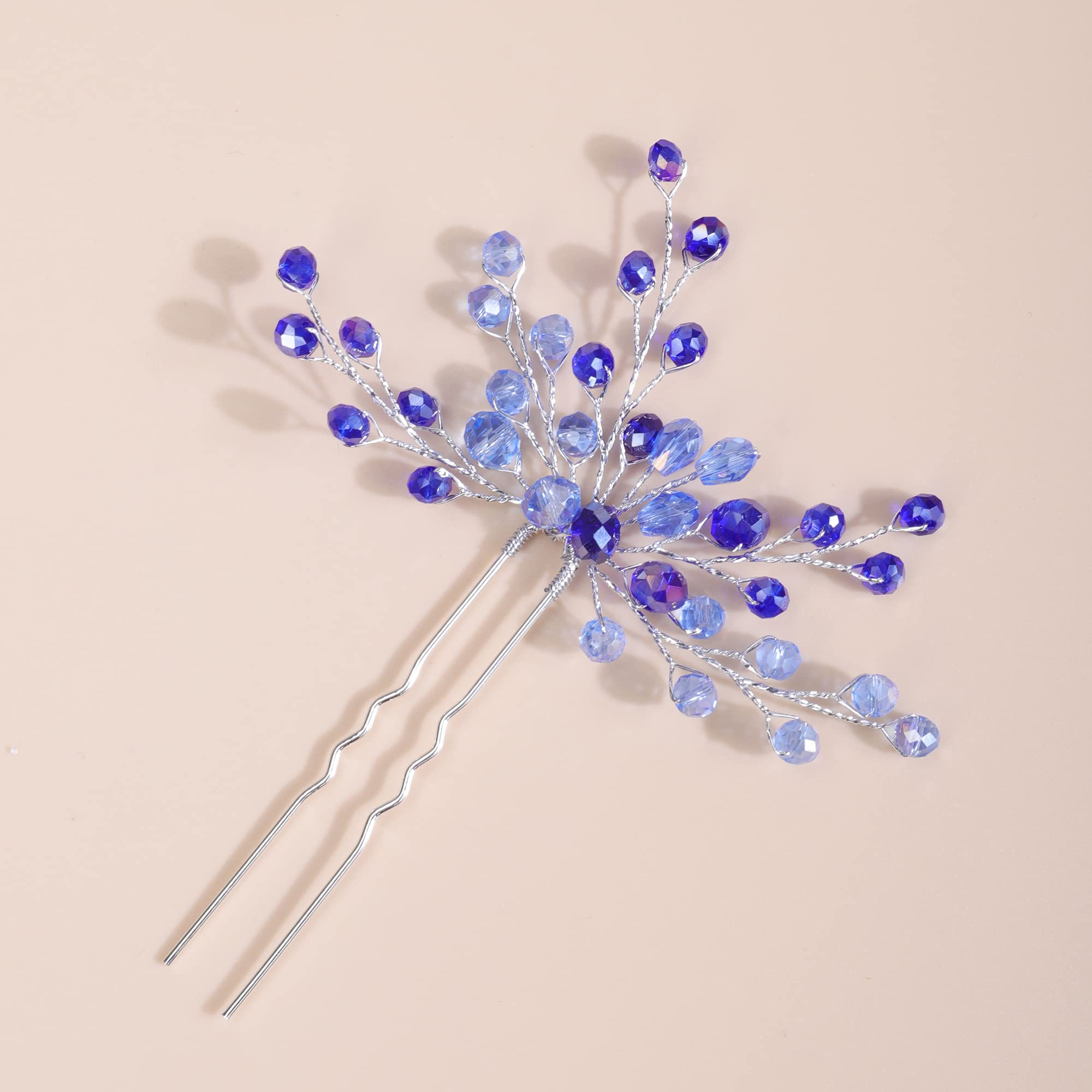Kercisbeauty 2PCS Boho Blue Crystal Hair Pins for Women and Girls Wedding Bridal Silver Hair Piece Set (Blue)