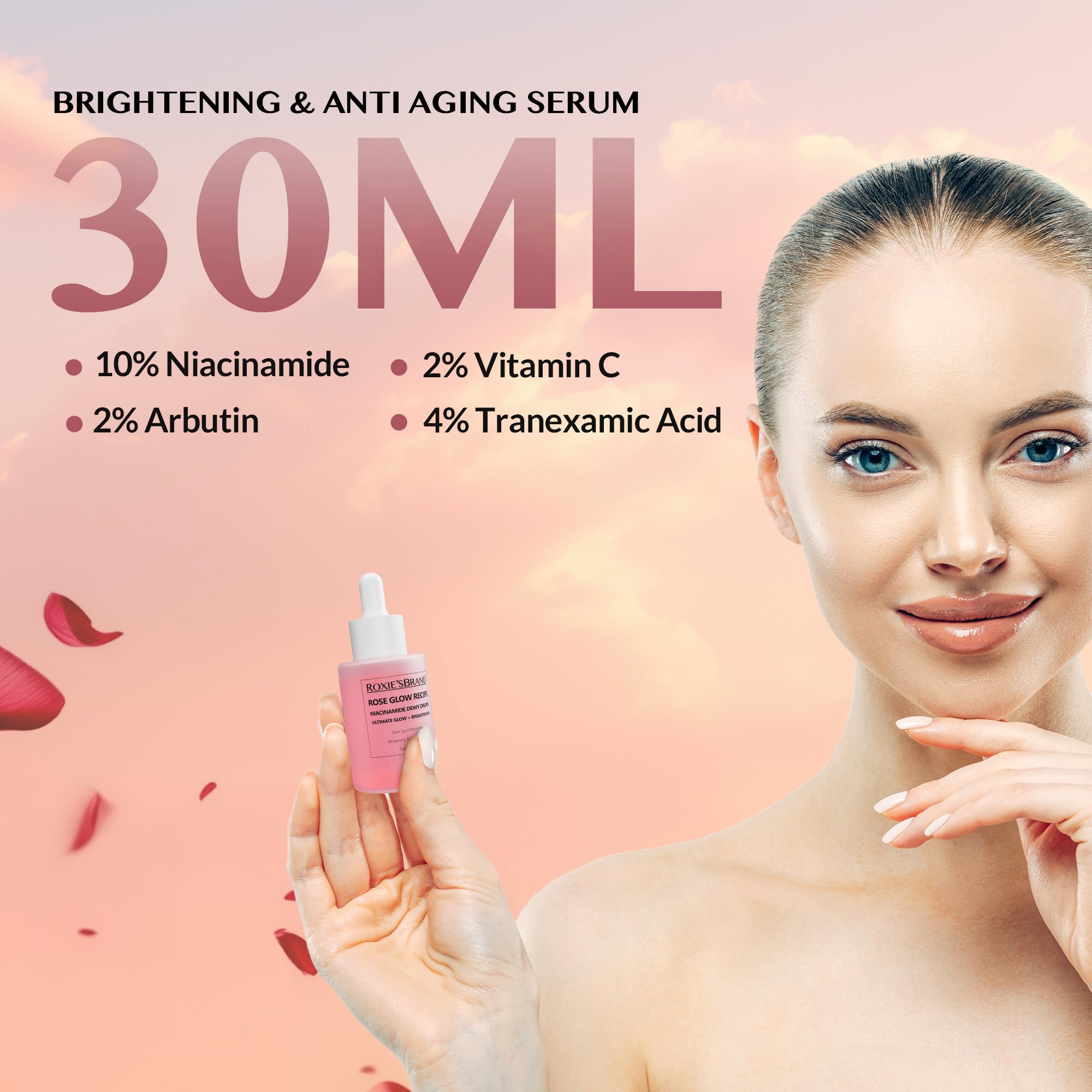 ROXIE'SBRAND Niacinamide Serum: 10% Niacinamide, 4% Tranexamic Acid, 2% Arbutin, 2% Vitamin C, Hyaluronic Acid, Vitamin B12, Ceramides, Natural Rose Scent (30ml /1.01 fl. oz.)