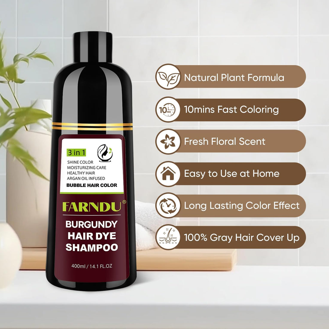 Farndu Red Burgundy Hair Dye Shampoo 3-in-1 for Women Men Gray Hair Coverage, Natural Herbal Ingredients 14.1Oz