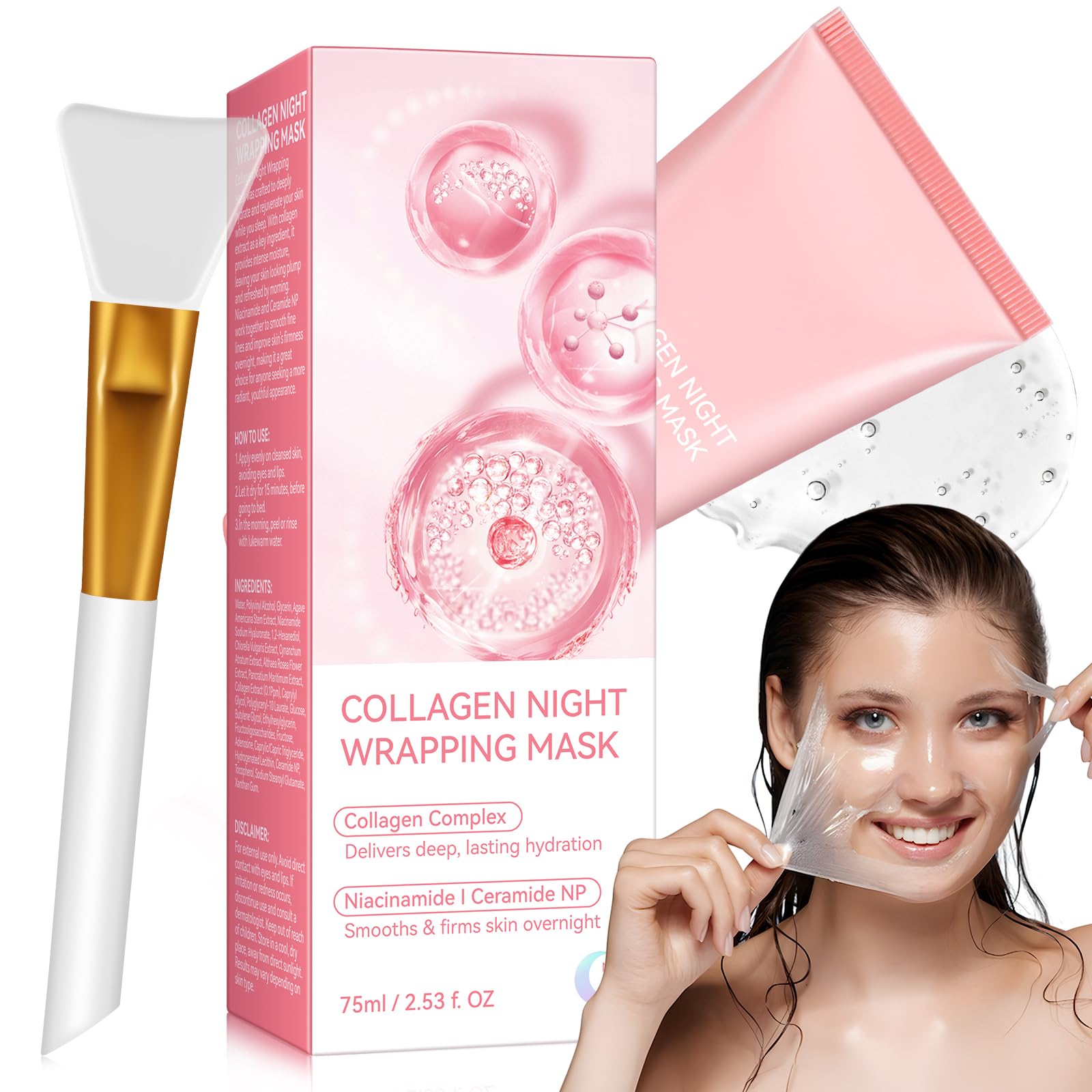 Collagen Night Wrapping Mask, Collagen Overnight Wrapping Peel Off Face Mask for Reduce Sagging & Dullness, Elasticity & Hydration, Tight Skin Collagen Mask-2.53 fl.oz (Brush Included) (75 ML)