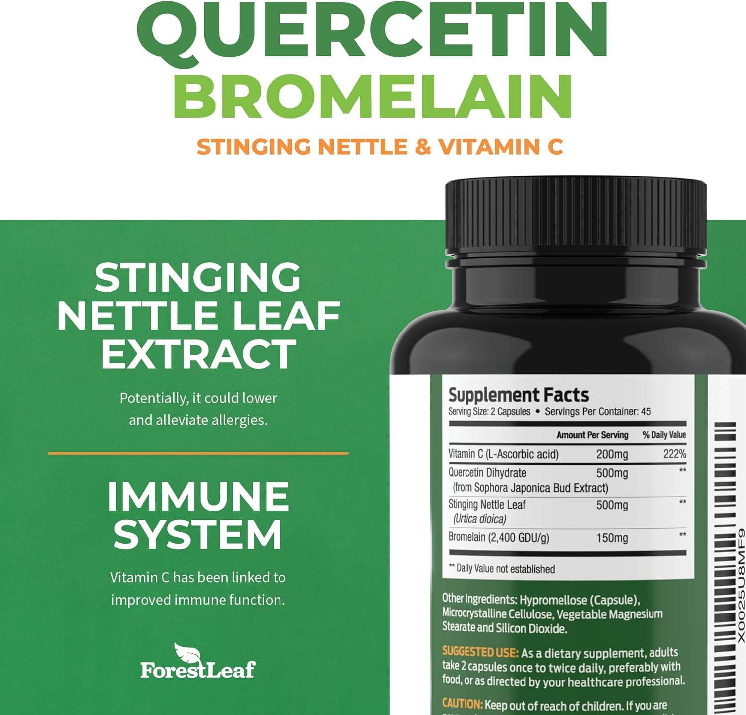 ForestLeaf Quercetin with Bromelain 1350mg - Blend with Vitamin C & Stinging Nettle Supplement, Quercetin 500mg Capsules, Non-GMO Gluten Free, Natural Immune & Respiratory Function, 90 Veggie Caps