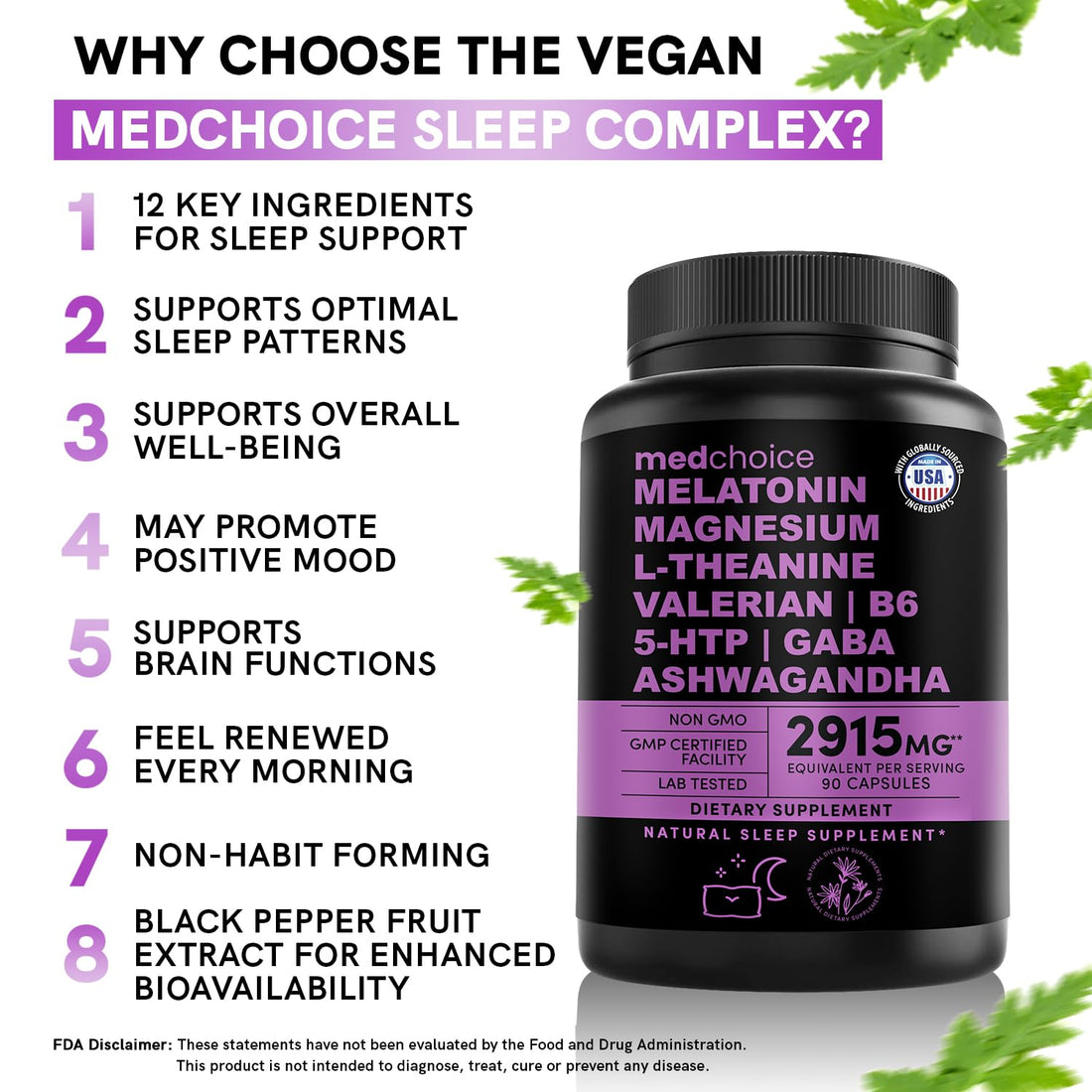 12-in-1 Melatonin Sleep Capsules - Natural Sleep Aids for Adults with Melatonin 5mg and Magnesium Glycinate 500mg, Sleep Aid with Ashwagandha, L Theanine, Valerian Root, GABA, 5-HTP (90ct, Pack of 1)