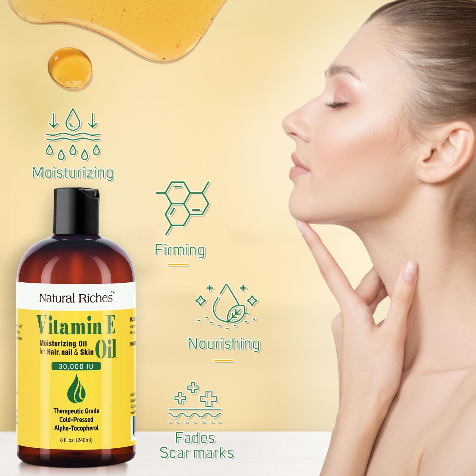 Natural Riches Vitamin E Oil | 100% Pure and Natural Cold Pressed Vitamin E oil for Skin, Scars, Face, Nails, Hair, Scalp 30,000 IU Non-GMO Verified Hair & Body Oil :8 Fl Oz