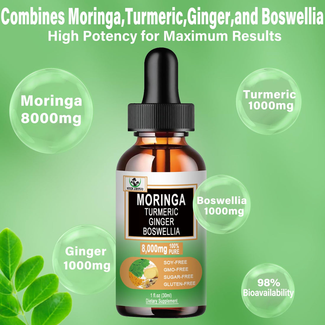 Moringa Drops - Organic Moringa Leaf Extract Liquid with Turmeric Ginger Boswellia for Energy, Skin Health, Gut Health - High Absorption Green Superfood w/Essential Vitamins & Amino Acids