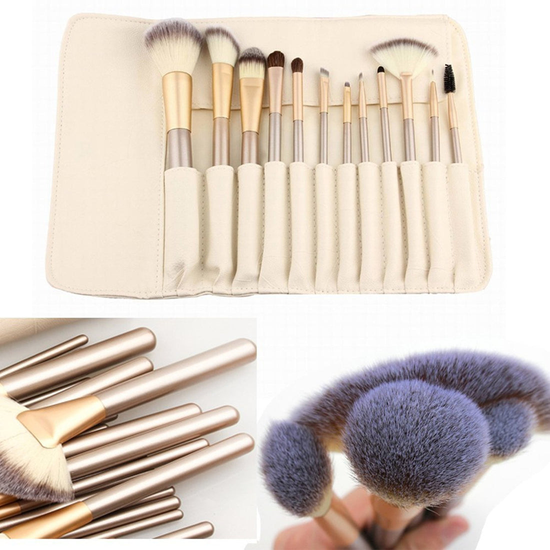 12 Piece Makeup Brushes Set | Horse Hair Professional Kabuki Makeup Brush Set Cosmetics Foundation Makeup Brushes Set Kits With White Cream Colored Case Bag