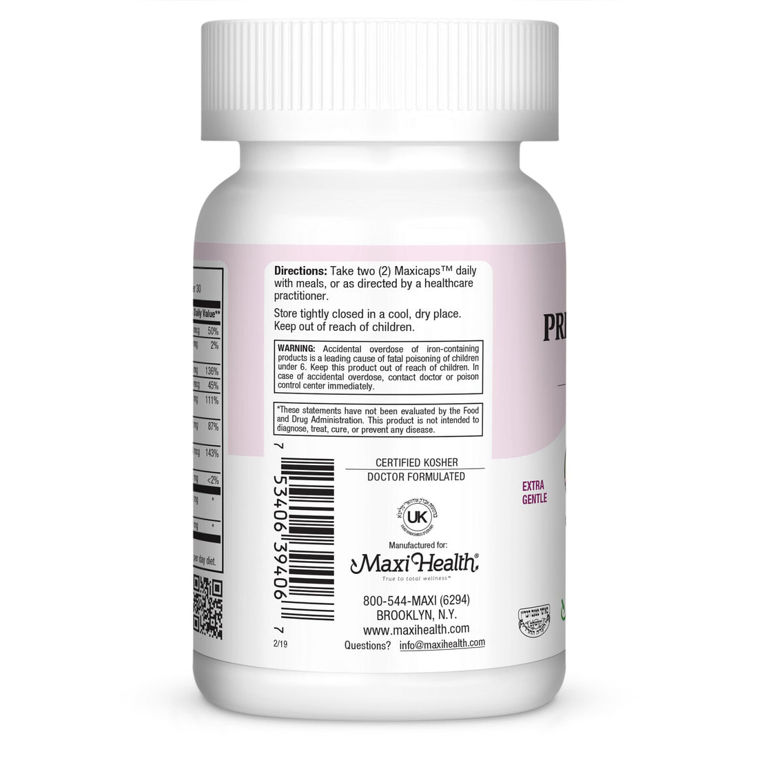 Maxi-Health Small Prenatal Capsules with Methyl Folate - Minerals, Gentle Iron, Vitamins - Kosher, 60 Count