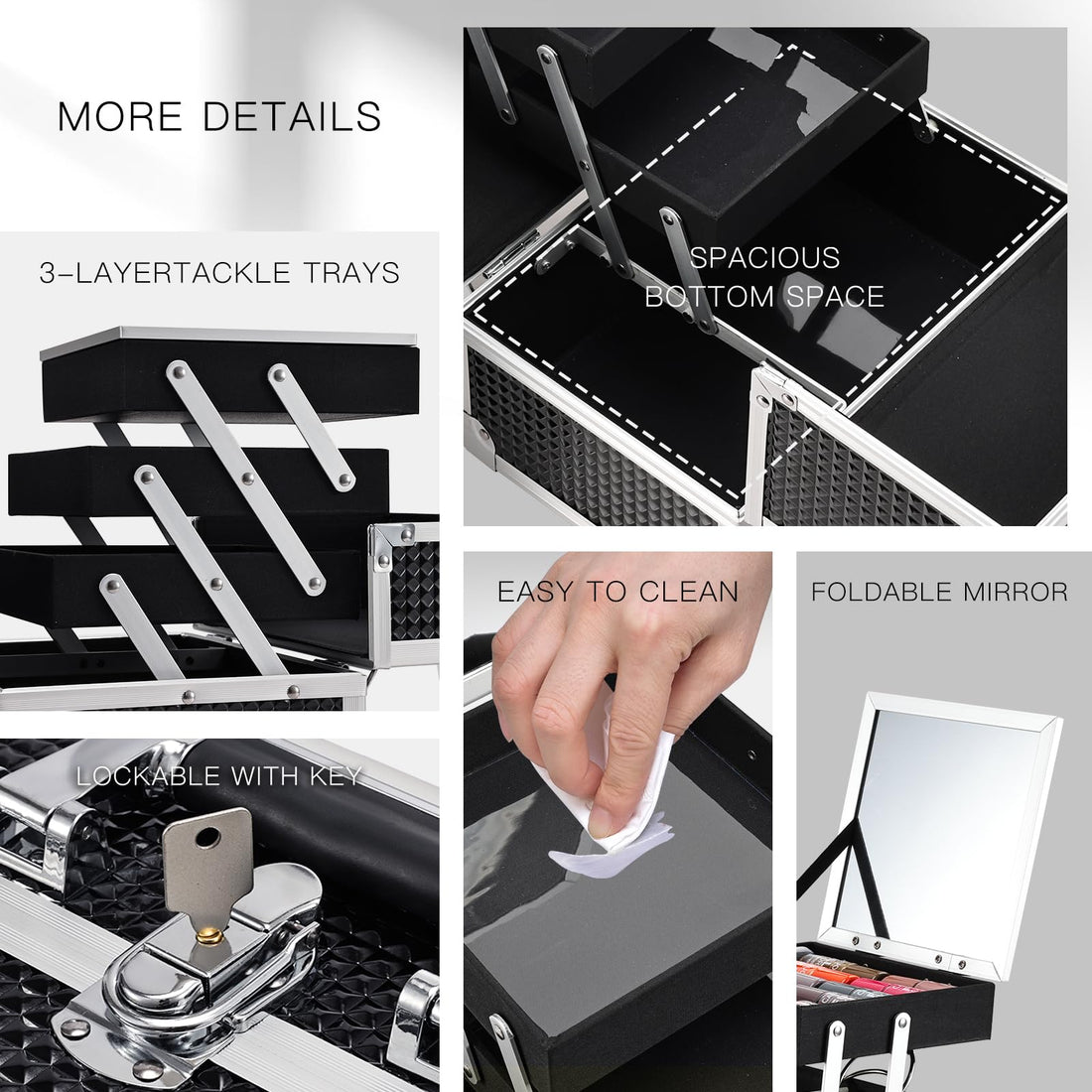 Joligrace Makeup Train Case Professional Cosmetic Box Travel Organizer with Mirror & Lock Black Pattern