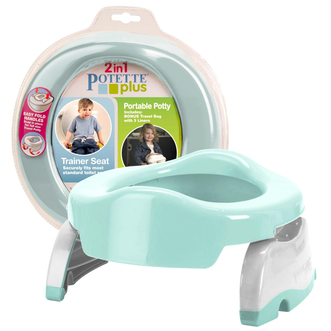 Kalencom Potette Plus 2-in-1 Travel Potty and Trainer Seat - Dual-Purpose Potty Training Toilet Seat - Portable Potty for Toddler Travel - with Durable, Lock-in Legs and Splash Guard - Pastel Mint