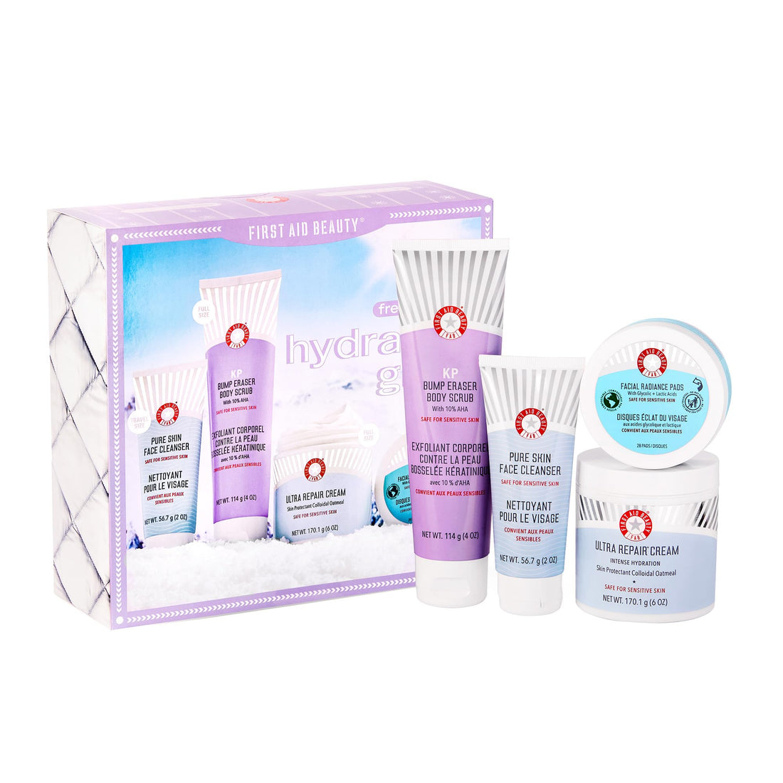 First Aid Beauty - Hydrated Glow Kit: KP Bump Eraser Body Scrub, 4 oz, Facial Radiance Pads, 28 Pads, Pure Skin Face Cleanser, 2 oz, & Ultra Repair Cream, 6oz, Hydration and Exfoliation Treatment, 4ct