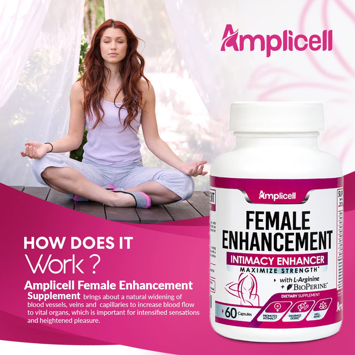 AMPLICELL Female Enhancement - Libido Booster, Hormone Balance for Women - Intimacy & Mood Support - Energy Pills with Epimedium, Dong Quai, Ginseng, Maca Root Powder & Multi-Vitamins A, B12-60 Ct