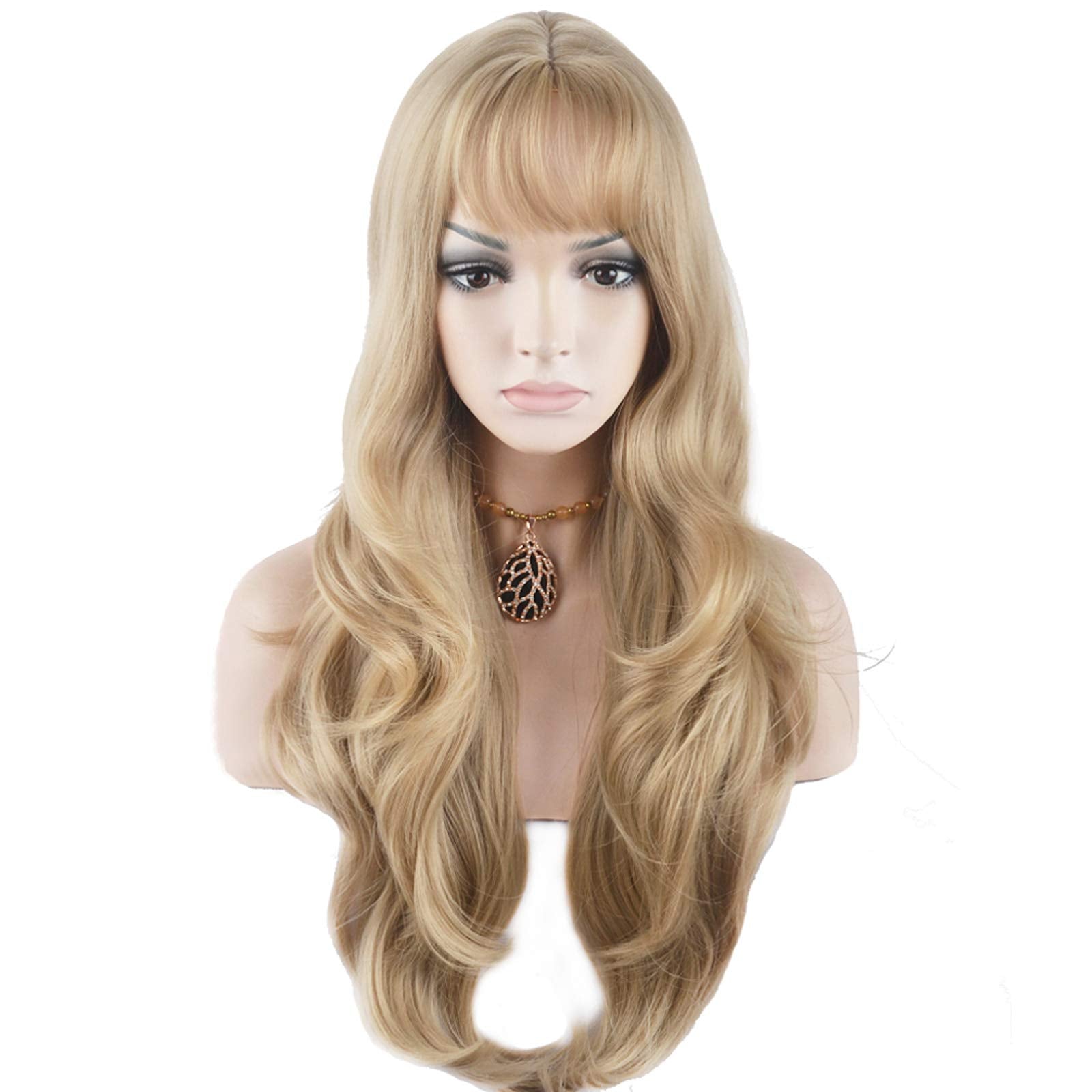 BERON 27.5' Fashion Women Girls Long Curly Wavy Synthetic Wig with Air Bangs Wig Cap Included (Linen Gold)