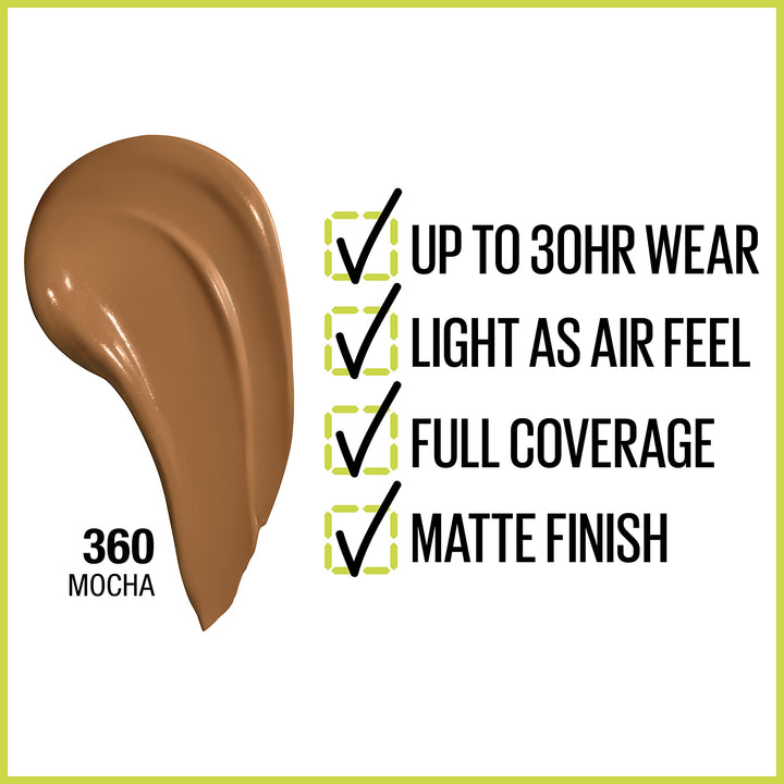 Maybelline Super Stay Full Coverage Liquid Foundation Active Wear Makeup, Up to 30Hr Wear, Transfer, Sweat & Water Resistant, Matte Finish, Mocha, 1 Count