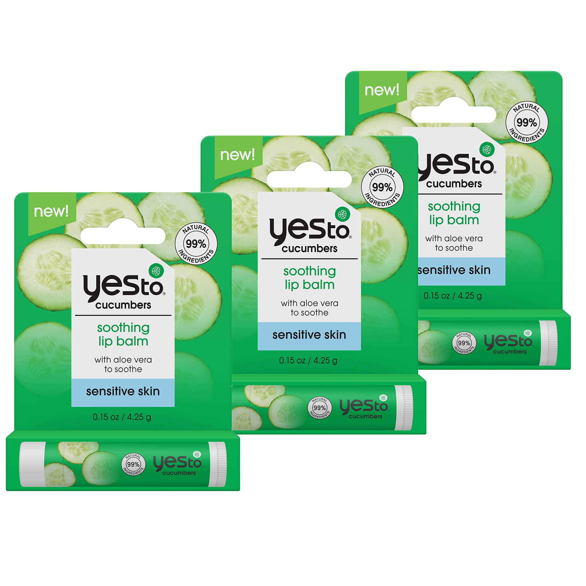 Yes To Cucumber Soothing Lip Balm - For Sensitive Skin + Cucumber and Aloe Vera + Moisturize and Restore Dry, Cracked Lips + 99% natural ingredients, White
