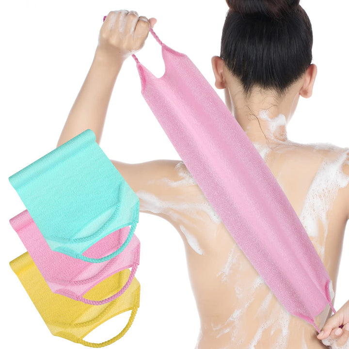 3 Pack Exfoliating Back Scrubber with Handles Exfoliating Washcloth Nylon Extended Length Body Exfoliator Brush Stretchable Pull Strap Back Washer for Shower Long Bath (Pink, Blue, Yellow)