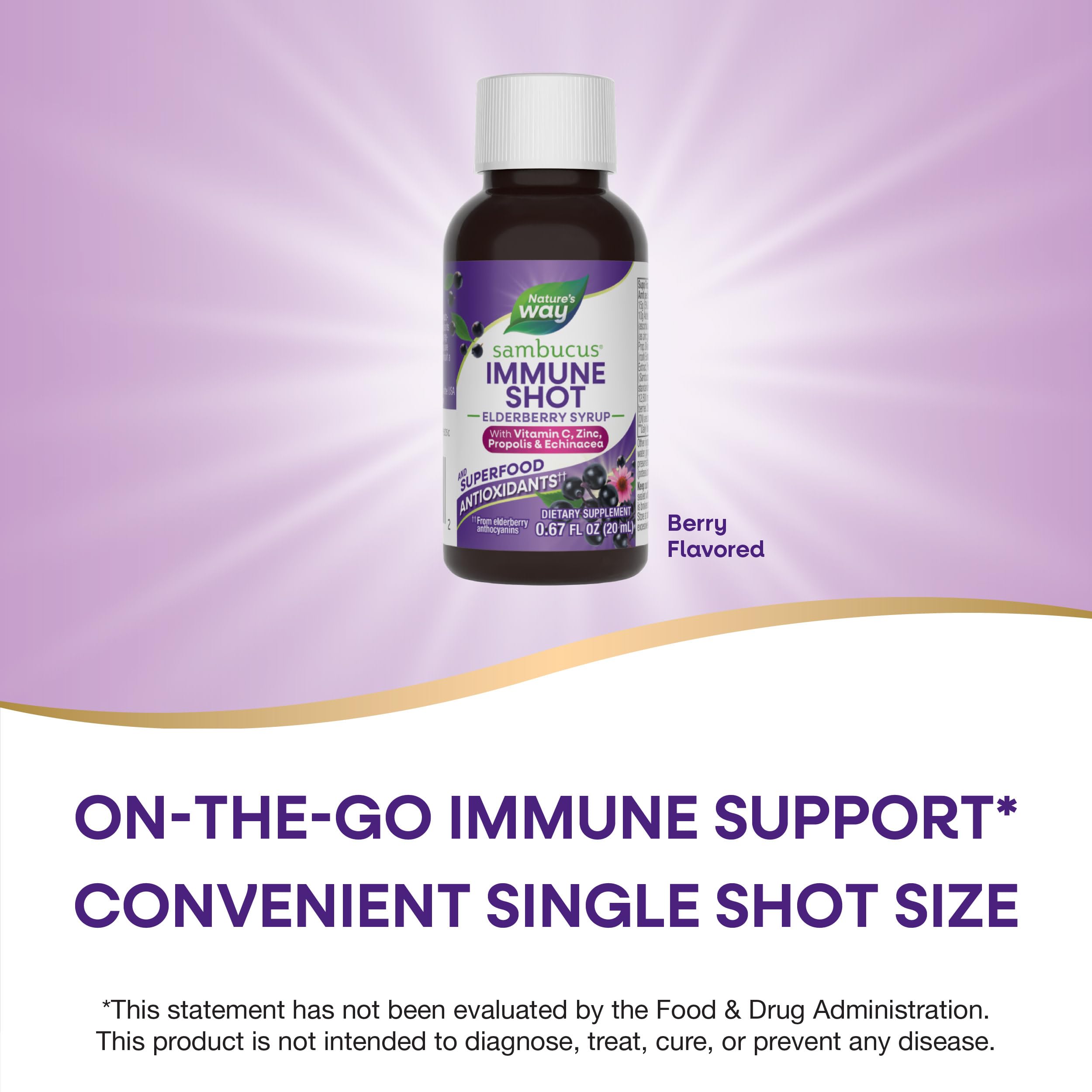 Nature's Way Sambucus Immune Syrup Single Shot, Daily Immune Support*, with Superfood Antioxidants(1), Elderberry, Vitamin C, Zinc, 0.67 Fl Oz x 12