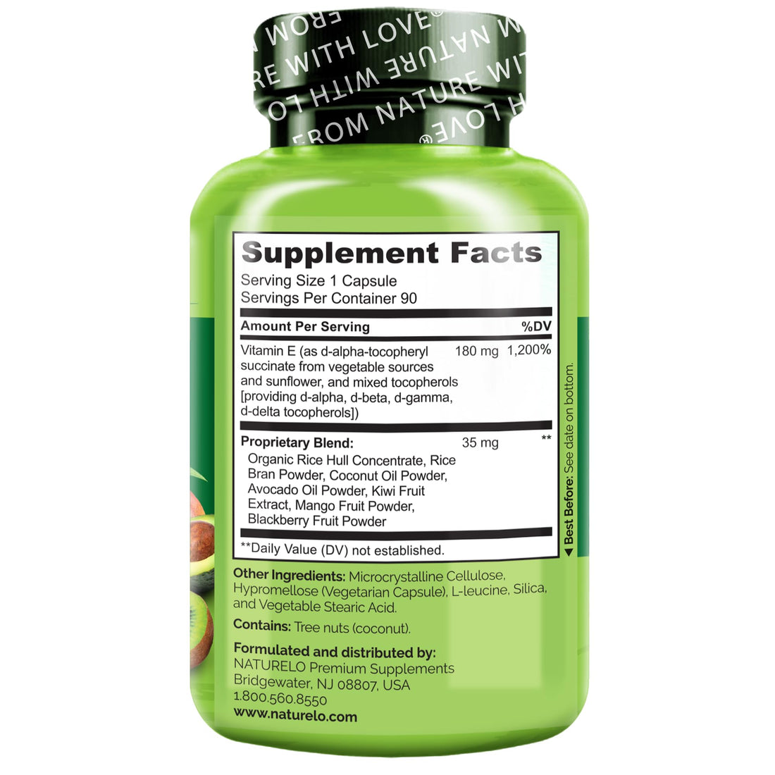 NATURELO Vitamin E - 180 mg (300 IU) of Natural Mixed Tocopherols from Organic Whole Foods - Supplement for Healthy Skin, Hair, Nails, Immune & Eye Health - Non-GMO, Soy Free - 90 Vegan Capsules