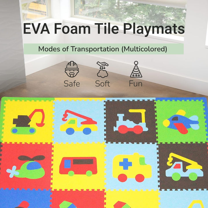 Tadpoles Foam Playmats for Kids, 16 Interlocking Foam Tiles, Total Floor Coverage 50” x 50” (16 Sq Ft), For Ages 3 and Up, Multicolor Transportation Print